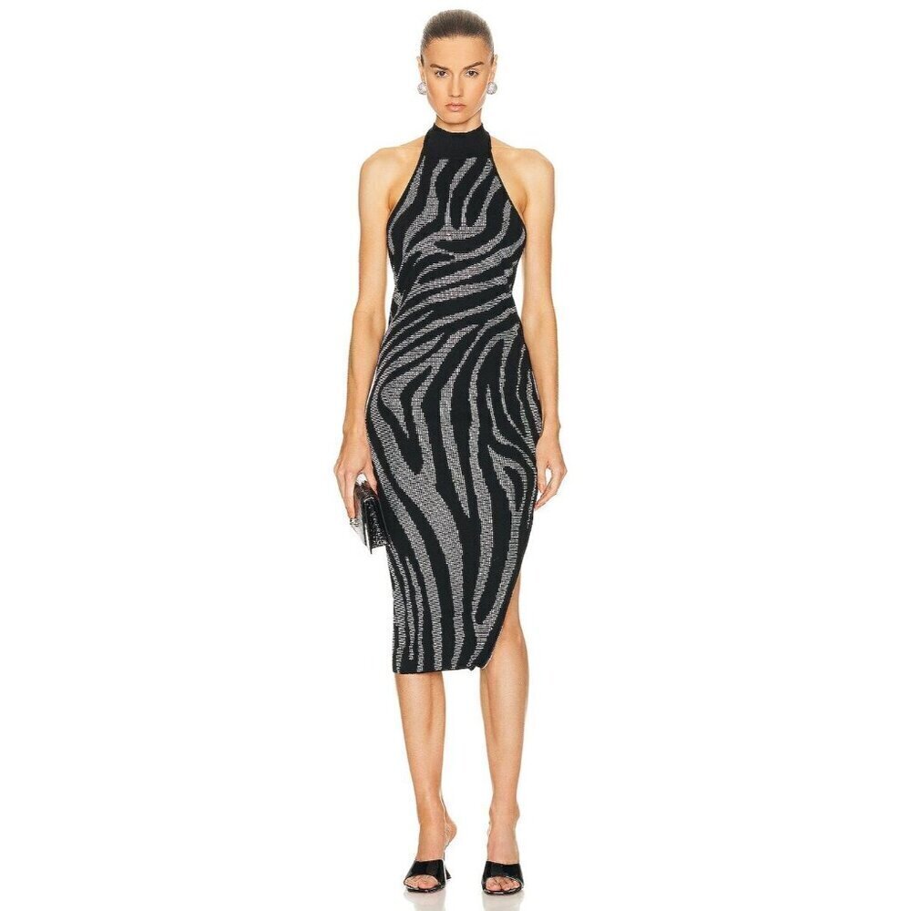 RETROFETE Kaisley Knit Crystal Midi Dress Black & Silver Zebra Womens Size Large
